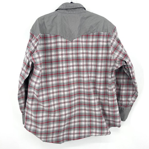 WRANGLER Gray Red Plaid Super Stiff Fabric Work Wear Pearl Snap Shirt Size XXL - Picture 2 of 4